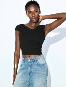 Maija 2025 Modern City Asymmetrical Neck Stretch Ribbed Soft Women Black Summer Seksi Chic Night Out Crop Top,V Cut Wrap Short Sleeve Comfortable Top - Black - View 6