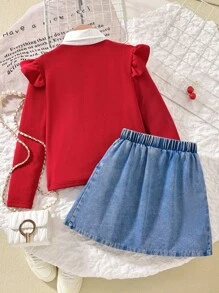 Sparklyn Tween Girl 2 In 1 Ruffle Trim Shirt And Cherry Embroidered Denim Pleated Skirt Set Fall Winter