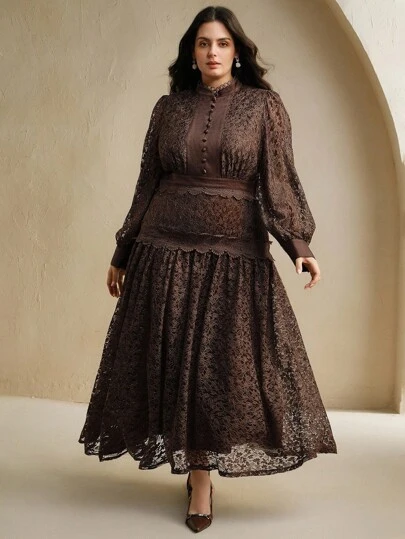 Anewsta Women's New Lace Long Sleeve Elegant A-Line Dress, Holiday Long Dress