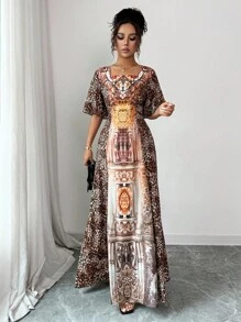 Elenzga Damen Retro Quadratischer Ausschnitt Braun Leopard & Palast Blumen Digital Muster Laternenbärmel Elegantes tailliertes loses A-Linien Lässig Langes Kleid, geeignet für Urlaub, Party, Sommer/Herbst