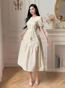 DAZY Vestido de mujer de longitud media con cuello redondo y parches de encaje elegante para el verano - Beis - Ver 3