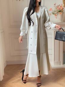 DAZY Elegant Solid Color Blazer Collar Puff Sleeve Belted Midi Dress For Women, Autumn,Fall Women Clothes Long Sleeve Dress