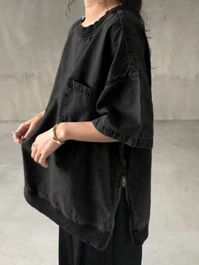 FRIFUL 宽松休闲水洗落肩牛仔衬衫 超大码T恤 超大码T恤 超大码T恤 女式T恤 超大码女式T恤，返校服