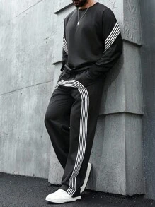 Manfinity LEGND 男士黑色条纹图案美式时尚圆领卫衣和运动裤套装，休闲街头风日常通勤运动服套装，男士两件套运动裤，男士慢跑服，男士两件套运动裤，男士街头风套装，秋季服装 - 黑色 - 查看 4
