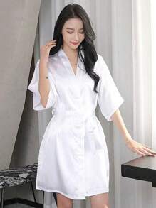SHEIN 1 件女士睡袍白色婚礼伴娘睡袍新娘睡袍女友派对礼服新娘刺绣浴袍婚礼派对婚礼晨衣户外婚礼节日派对用品家居浴室装饰夏季返校 - 白色 - 查看 7
