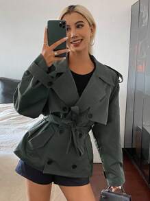 DAZY 女式系带休闲短款风衣女式夹克，秋季女装 - 深灰色 - 查看 5