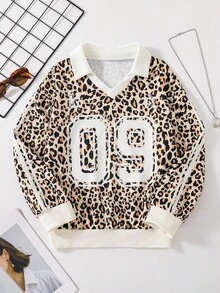 Tween Girl Numeric Leopard Print Loose Fit Long Sleeve Sweatshirt Fall Winter - Brown - View 1