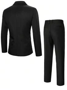 Calvornis Men's Solid Color Lapel Neck Long Sleeve Blazer And Pants Suit, Fashionable Casual Everyday Wear, Old Money - Black - View 2