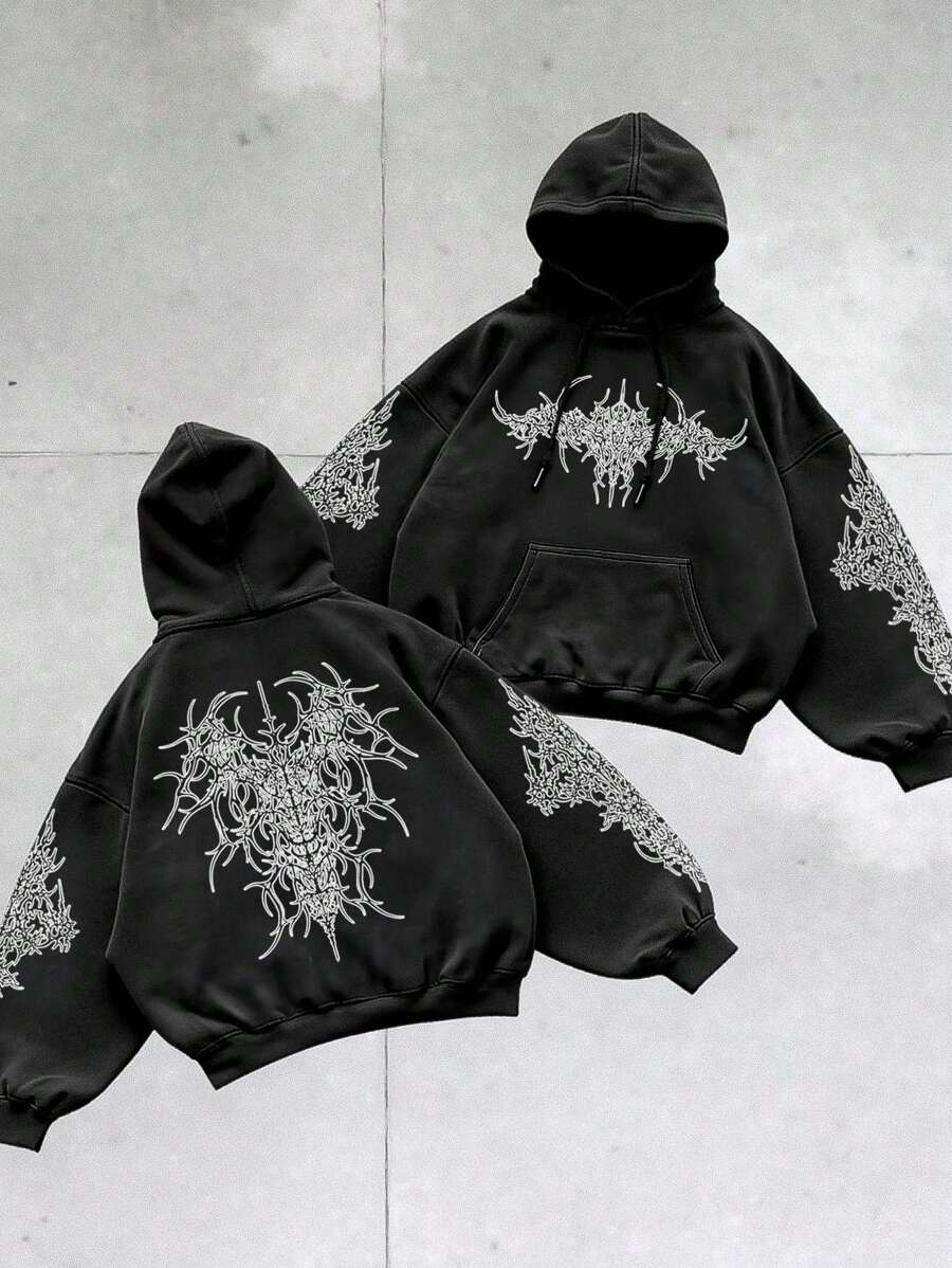 Manfinity Dauomo Men Y2K Retro Punk Print Hoodie, Suitable For Everyday Outings , Fall - Black - View 1