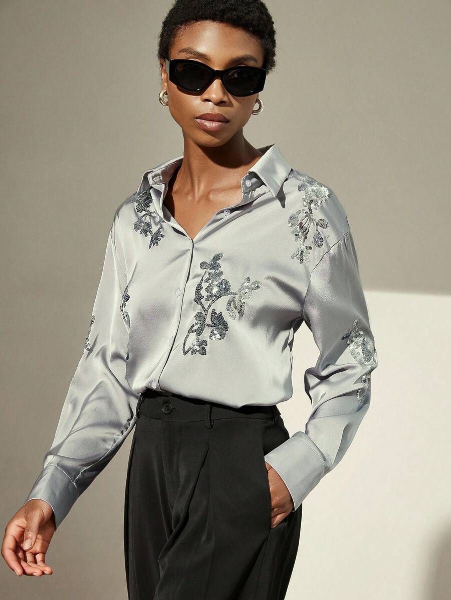 Aveloria Modichic Áo kiểu dáng cơ bản tay dài dành cho nữ, thêu họa tiết hạt cườm, chất lượng tinh tế - Xám - Xem 1