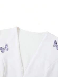 Ellevyn 纯色优雅翻领长袖西装外套，精致的 3D 蝴蝶装饰，适合秋冬季派对、活动、郊游等场合秋冬女装教师服 - 白色 - 查看 4