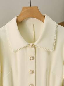 Franclia Women's Cream White Elegant Minimalist Commuter Dress,Autumn Long Sleeve Mid-Length Tea Party Dress With Metal Buckle,Collar Rhinestone Decoration - Apricot - View 8