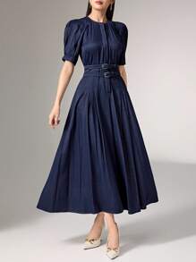 Heiryn Round Neck, Raglan Sleeve, Short Sleeve, Waist Cinched, Elegant Korean Style Office Dress - Navy Blue - View 2