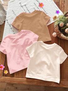 SHEIN 3 件套女婴奶油白色、奶油粉色、奶油南瓜色可爱甜美动物猫、兔子、水豚蝴蝶结图案短袖 T 恤，适合女婴，夏季、舒适、秋季分层时尚、休闲装、图案服装、返校、秋季服装、返校节 - 彩色 - 查看 2
