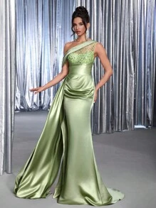Glamrae 优雅奢华的橄榄绿无袖露背串珠刺绣缎面褶皱长裙，适合婚礼、单身派对、度假、舞会、正式活动（高端版） - 綠色 - 查看 1