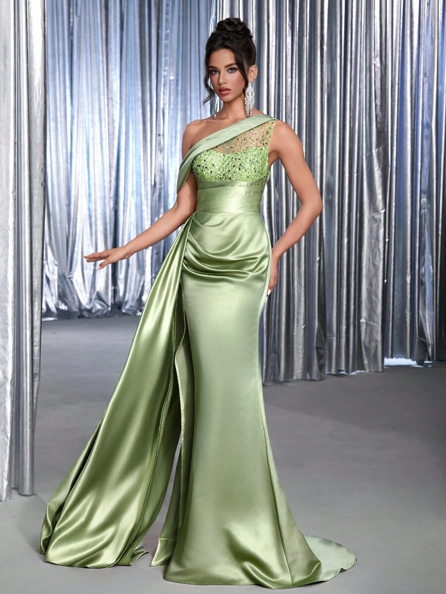 Glamrae 优雅奢华的橄榄绿无袖露背串珠刺绣缎面褶皱长裙，适合婚礼、单身派对、度假、舞会、正式活动（高端版） - 綠色 - 查看 1