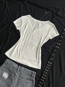 StreetHx Women's Summer V-Neck Tight T-Shirt, Punk Skull & Subculture Anime Print Short Sleeve White V-Neck Top