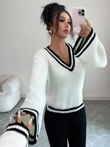 Elenzga Women's V-Neck Contrast Color Flare Sleeve Casual Versatile Holiday Elegant Knit Sweater Top, Suitable For Spring, Autumn And Winter - Apricot - View 6