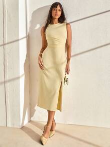 CLARA VERO Women Solid Color Sleeveless Long Dresses - Light Yellow - View 2