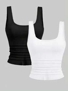 Flirla 2 pezzi Set di gilet casual senza maniche di colore unito, taglia comoda, estivo, per donne con taglie forti