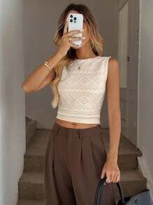 Easowa Women's Casual Vacation Elegant Knit Top With Round Neck, Bowknot Back, And Textured Knit Pattern Tie Up Top Bow Top Cream Top Beige Top Knitted Top Winter Outfits For Women - Apricot - View 4