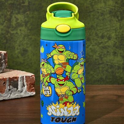TEENAGE MUTANT NINJA TURTLES | SHEIN Bình giữ nhiệt họa tiết hoạt hình 16 Oz / 500 Ml bằng thép không gỉ có tay cầm và ống hút silicon, thích hợp cho trường học, du lịch, dễ dàng mang theo