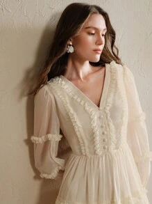 Anewsta Robe maxi élégante à col V avec appliqué pour femmes
