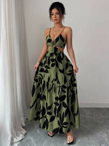 Elenzga 女装夏季新款吊带收腰花卉印花连衣裙（不对称花卉图案） - 軍綠色 - 查看 4