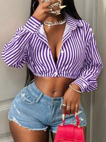 BamGleam Camisa Casual Listrada Curta e Sexy para Transporte