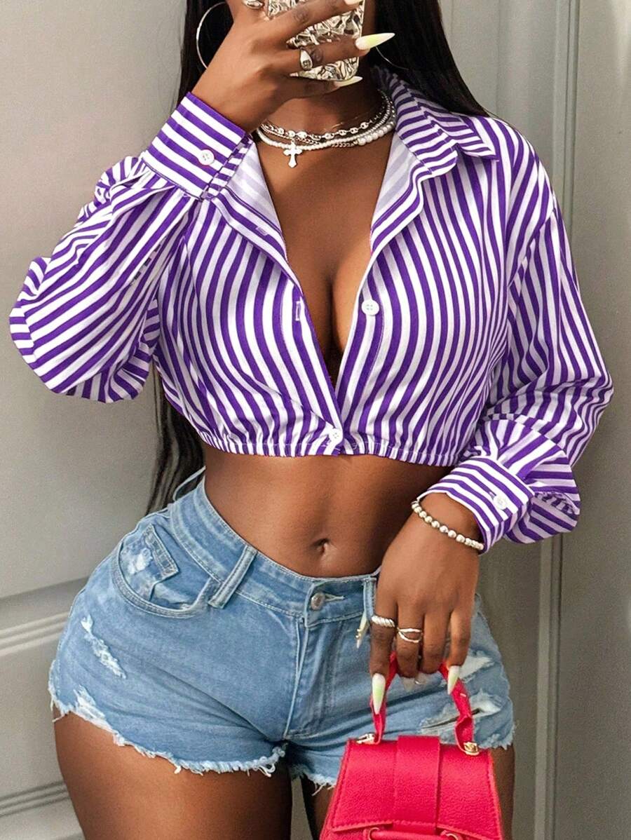 BamGleam Camisa Casual Listrada Curta e Sexy para Transporte