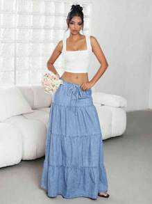 Jeanoix High Waist Denim Skirt, New Summer Ruched Waist Drawstring Casual Maxi Skirt - Light Wash - View 3
