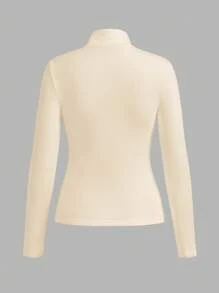 SHEIN BASICS 秋冬季基本款高领修身长袖纯色女式上衣，升级保暖内衬，时尚、休闲、舒适、百搭，不会显得臃肿 - 杏色 - 查看 2