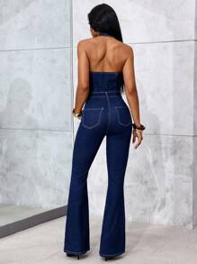 Jeanoix Y2K Sexy Halter Tie-Front Bow Casual Denim Jumpsuit With Flared Legs