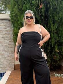 magalhaesca Plus Size Fashionable Jumpsuit, Suitable For Back To School, Outing, Campus Style, Daily Wear, Contrast Striped Patchwork Large Pocket Design, Stylish And Likable - Black - View 3
