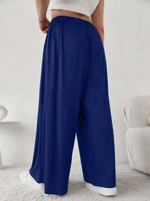 Plus Solid Strechy Viscose Fabric Wide Leg Pull On Summer Pants - Navy Blue - View 2