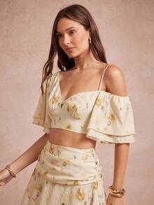 L'Amorae 女式花卉印花不对称荷叶边下摆短袖短款上衣 - 彩色 - 查看 5