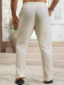 Palmeraft Men's Solid Color Drawstring Waist Pocket Cotton Linen Casual Pants , Fall - Khaki - View 2