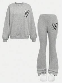 SHEIN Girlism 少女灰色/秋/冬/针织休闲宽松爱心印花卫衣和喇叭裤两件套 - 灰色 - 查看 10
