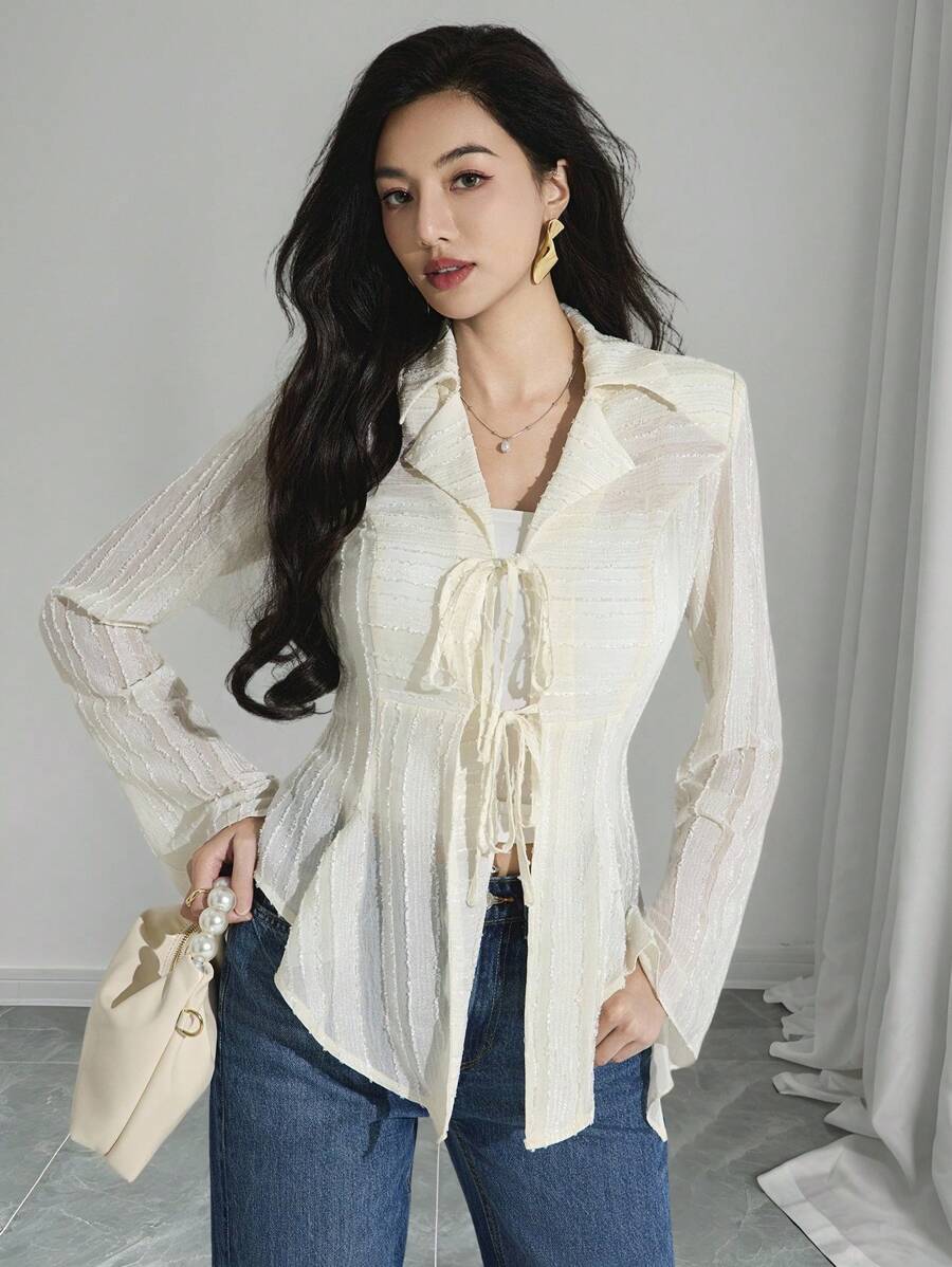 Heiryn Áo sơ mi dài tay thắt nơ phía trước thời trang giản dị cho nữ - Màu be - Xem 1