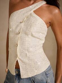 Glamine 女式纹理亮片编织无袖单排扣休闲办公室通勤百搭夏季上衣 - 杏色 - 查看 7