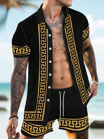 Manfinity RSRT Men's Geometric Print Front Button Short Sleeve Shirt And Shorts Casual Suit