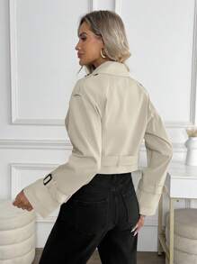 Easowa 双排扣收腰短款风衣，休闲优雅女士短款风衣 - 卡其色 - 查看 2