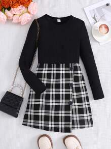 SHEIN Ribbed & Plaid Pattern Long Sleeve Fitted Knit Dress For Tween Girls - Black - View 2