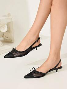 CUCCOO CHICEST Women's Pointed Toe Bowknot Mesh Patchwork Kitten Heel Elegant Commuter Fashion Black Mesh High Heel Sandals, Suitable For Afternoon Tea, Date, Workplace, Halloween - Black - View 2