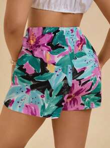 Travachic Quần short đi biển họa tiết cây xanh nhiều màu, quần culottes rộng rãi, lãng mạn, mùa hè cho bãi biển - Màu xanh lam - Xem 2