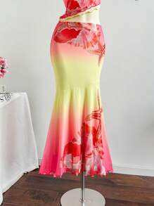 Soleia 女士度假风彩色海洋元素贝壳海星印花拼接荷叶边不对称腰身弹力腰拼接不对称下摆半身裙套装，适合派对、约会、海滩、下午茶、叠穿、返校、返校节等场合。 - 彩色 - 查看 5