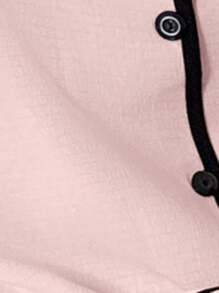 SHEIN Contrast Trim Lapel Casual Loose Short Sleeve Pajama Set Pink Pajamas  Cozy And Elegant Details