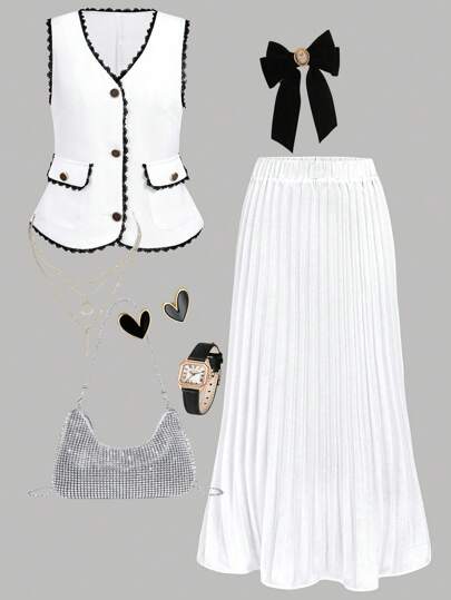Girlism Teen Girls Lace Trim Sleeveless Blouse And Pleated A-Line Skirt Set, Vintage Elegant Luxury Casual Outfit White Skirt Set Pleated Skirt Set White Two Pieces Set White Top And Skirt Set White Skirt Set