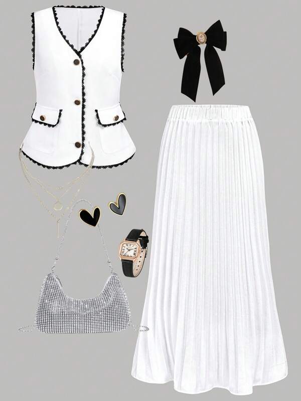 Girlism Conjunto de blusa sin mangas con ribete de encaje y falda plisada con línea A para chicas adolescentes, conjunto casual elegante de lujo con estilo vintage