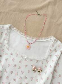 少女紧身蕾丝蝴蝶结长袖T恤，秋冬季舒适穿着，适合派对、街头、返校 - 彩色 - 查看 3